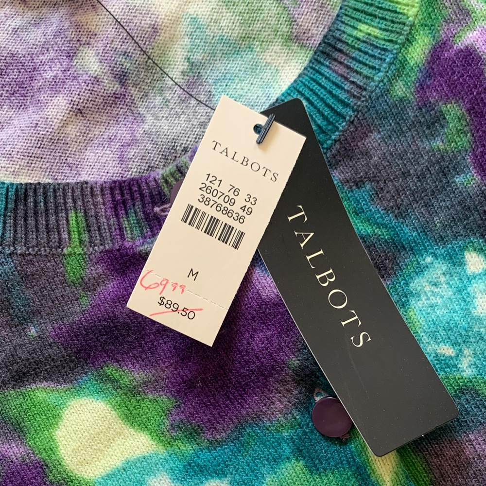 NWT Talbots Purple, Blue & Green Abstract Floral Crewneck Button Cardigan Medium - Picture 2 of 10